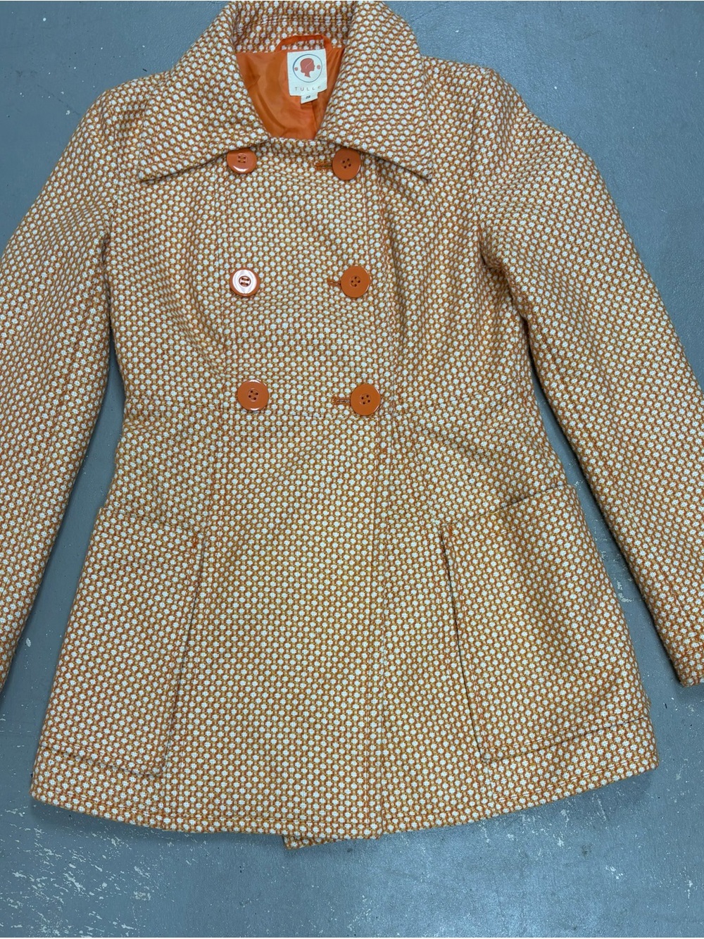 Tulle Geometric Pea Coat Double Breasted Coat Orange & White Womens Small
